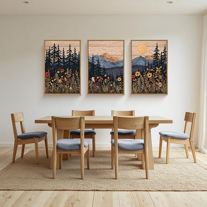 HOURIA Natural Mountain Floral Framed Canvas Wall Art,Modern Sunrise Forest Wall Decor,Boho Wildflower Woodland Landscape Artwork,Wilderness Pine Tree Field Art Print for Living Room,Office-16 x24 x3