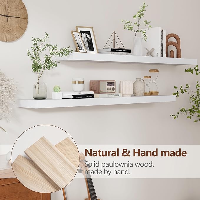 White Floating Shelves 48 Inch Set of 2, Solid Wood Wall Mounted Shelves 48 Inches Long, Modern Floating Shelves for Bedroom Living Room Bathroom - White