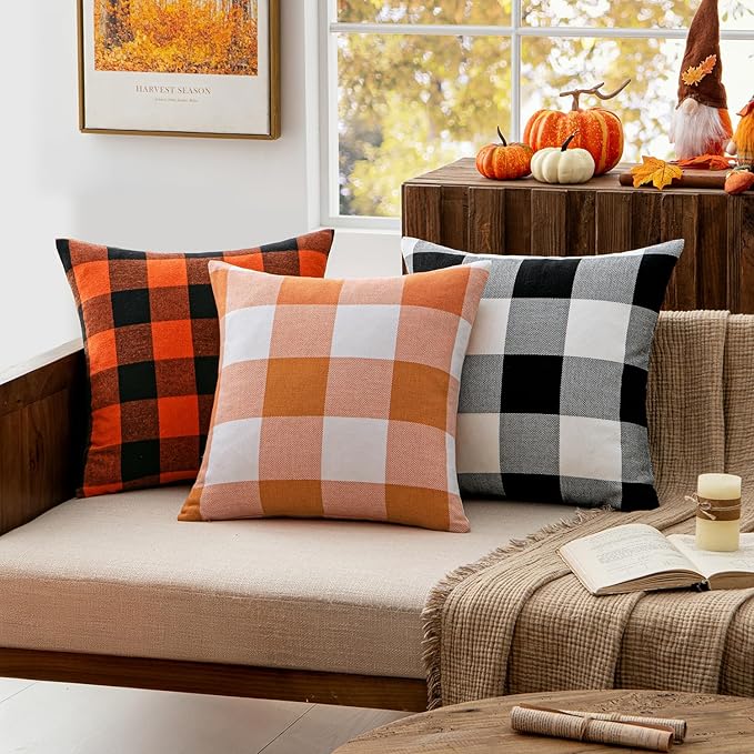 MIULEE Pack of 2 Fall Throw Pillow Covers Classic Farmhouse Buffalo Check Plaids Linen Soft Solid Orange and White Decorative Outdoor Cushion Case for Sofa Bedroom 26 x 26 Inch