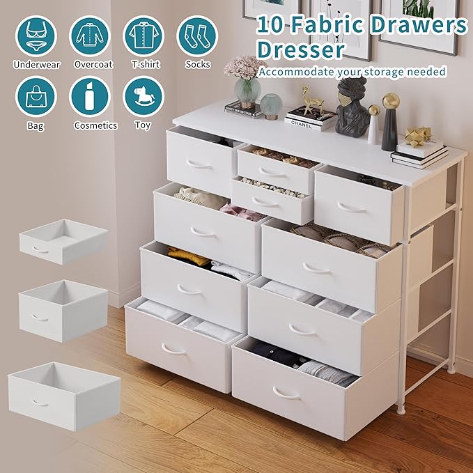 LUMTOK 10-Drawer Dresser, Fabric Storage Dressers Drawers for Bedroom, Hallway, Nursery, Closets, Steel Frame, Wood Top, Easy Pull Handle (White)