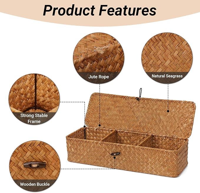 Nonam Seagrass Storage Small Basket with Lid - 3-Section Divided Organizer for Tea,Sugar,Coffee,Tampons - Woven Shelf Bin for Closet, Toilet Tank - Rectangular Narrow Boho Basket Home Decor