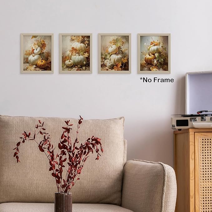 TLESKE Vintage Fall Pumpkin Posters Prints Unframed 8x10 Set of 4, Rustic Farmhouse Cottagecore Wall Art Prints Decor for Bedroom Living Room, Autumn Leaves Thanksgiving Wall Pictures