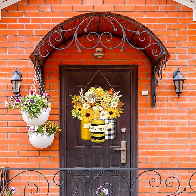 Bee Welcome Sign Wooden Yellow Bee Sign Bee Flower Gnome Wood Hanging Door Decor Farmhouse Porch Outdoor Front Door Decorations Supplies (Bee Style)
