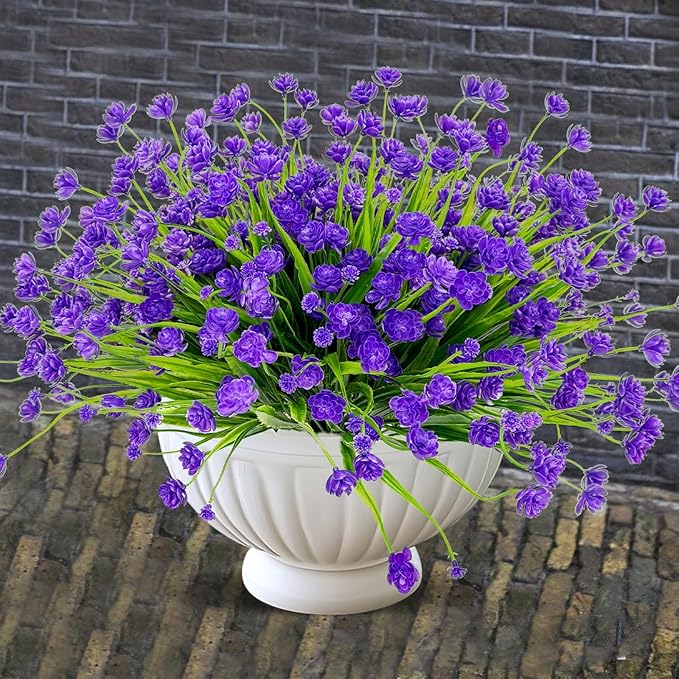 TURNMEON 20 Bundles Artificial Flowers for Outdoors Fake Plants Summer Decor, UV Resistant Artificial Plants Cemetery Fake Flowers Faux Plastic Greenery Shrubs for Home Porch Decor 580 Heads(Purple)