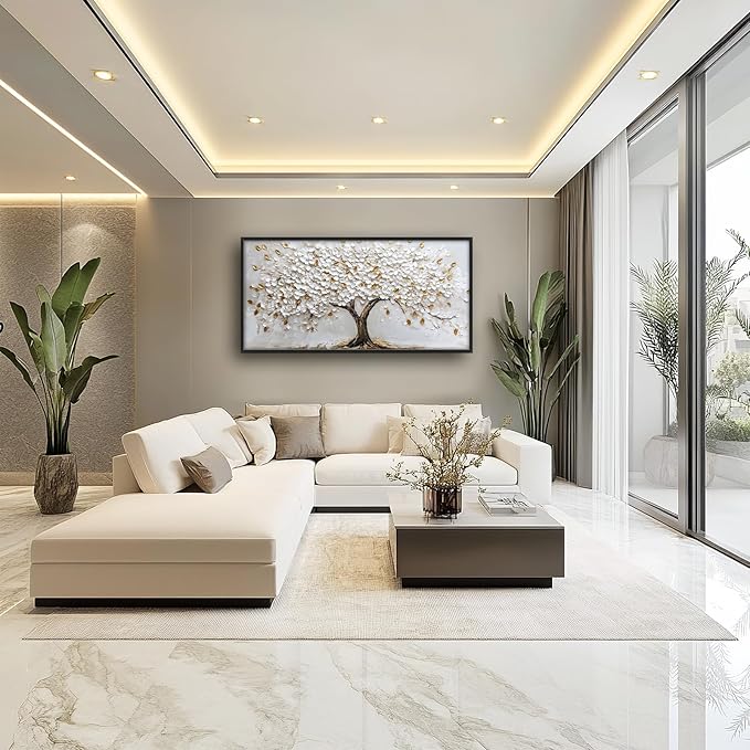 Olivine Tree Large Wall Art, White And Golden Pictures Wall Decor, Tree Of Life Paintings Canvas Prints, Framed Artwork for Dining Room Bedroom Living Room Office Bathroom Home Decoration 60"x30"