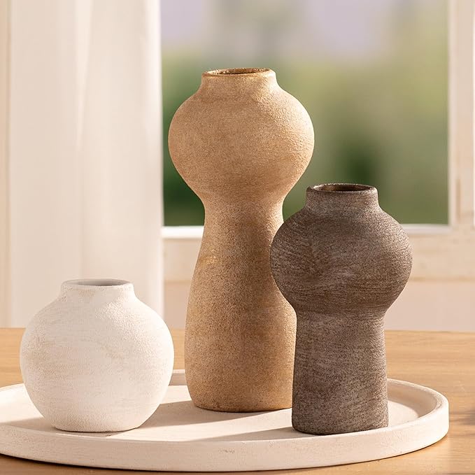 Ceramic Vase Home Table Decor - Flower Vase Set of 3 Living Room Kitchen Decorations Farmhouse Modern Rustic Vases Decorative Centerpiece for Shelf Bedroom Office Bathroom Dining Coffee Desk