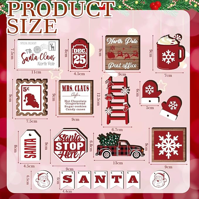 17 Pcs Christmas Tiered Tray Decor Set Winter Tiered Tray Decorations Farmhouse Tabletop Centerpiece Christmas Wooden 3D Sign for Xmas Home Buffalo Plaid Rustic Table Decoration(Classic)