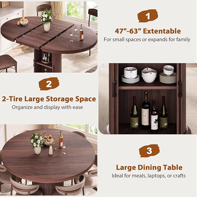 Dining Table for 4-6,63“Extendable Round Kitchen Dining Room Table with 2-Tier Storage Shelf, Space Saving Expandable Wood Oval Circle Dinner Furniture with Pedestal Base (Brown)