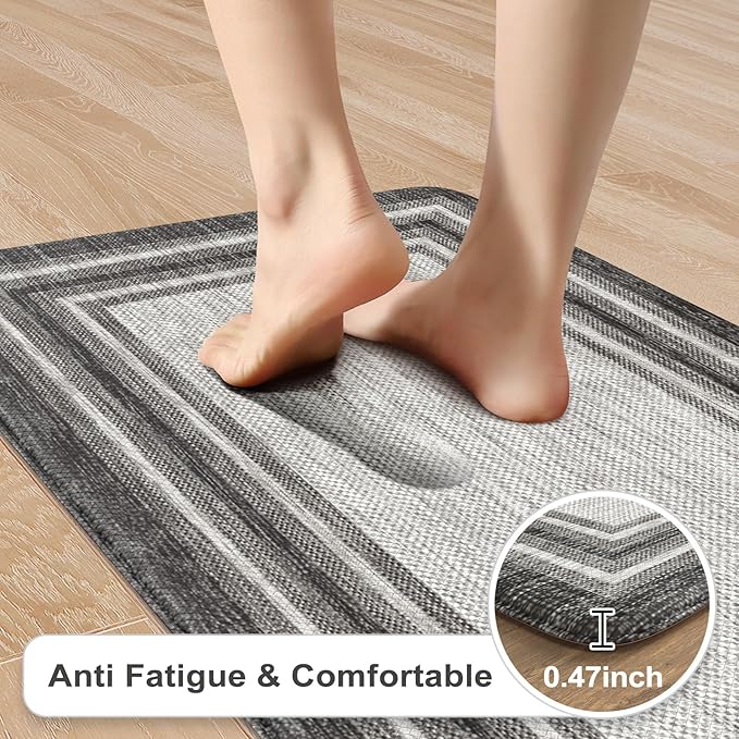 KIMODE Anti Fatigue Kitchen Mats for Floor 2 Piece, Cushioned Farmhouse Kitchen Rugs, Non Slip Kitchen Floor Mats, Comfort Foam Standing Desk Mats for Laundry Office Sink Grey 20"x71"+20"x32"