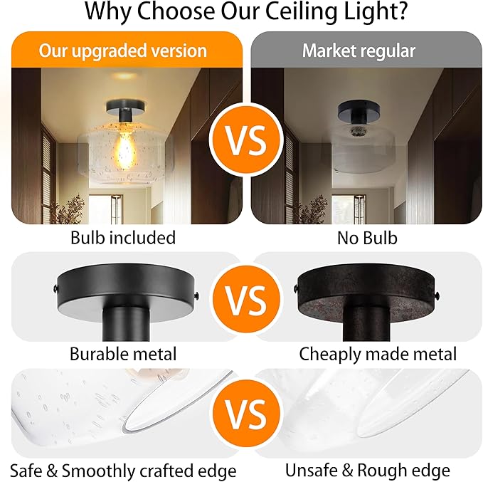 Semi Flush Mount Ceiling Lights, Industrial Ceiling Light, Glass Pendant Lamp Shade,11.8'' Inches Pendant Light Fixtures for Hallway, Entryway, Farmhouse, Kitchen (Black Seeded Glass)