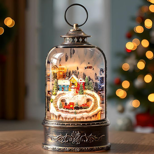 Christmas Snow Globe Lantern Water Glittering Snowman & Train with Music & Timer, USB Lined/Battery Operated Lighted Lantern for Christmas Festival Decoration Gifts