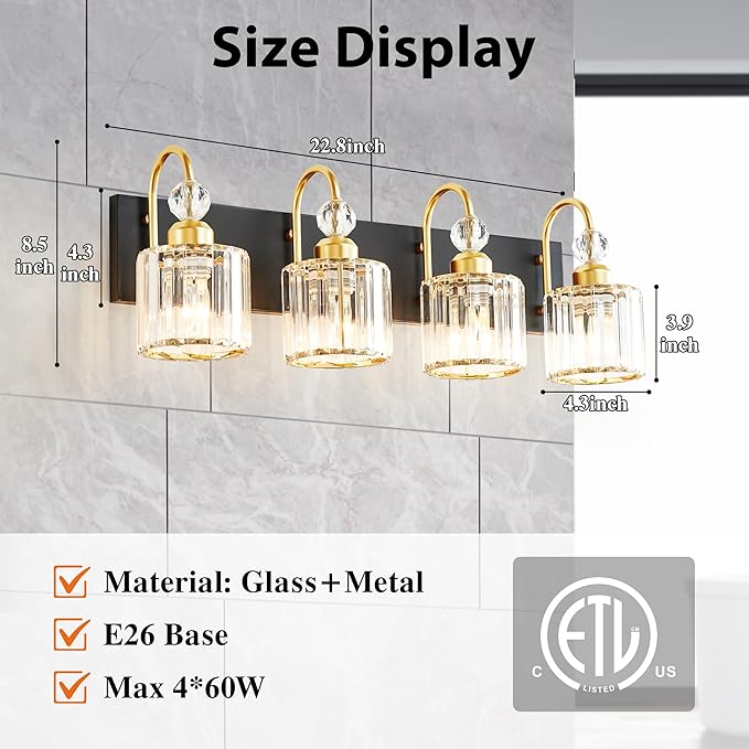 Bathroom Vanity Light Fixtures Over Mirror - Makeup Lighting Black Gold - for Modern Wall, Bath, Desk, Farmhouse, Hallway - 4 Crystal Lights