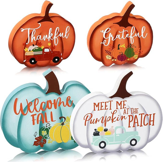 Jetec 4 Pcs Fall Decor for Home Thanksgiving Tiered Tray Decoration Fall Desk Decor Pumpkin Table Centerpiece Welcome Rustic Wood Block Sign for Office Autumn Table Mantel Decoration(Multicolor)