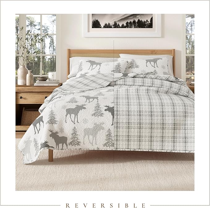 Lodge Bedspread Full/Queen Size Quilt with 2 Shams. Cabin 3-Piece Reversible All Season Quilt Set. Rustic Quilt Coverlet Bed Set. Wilderness Collection (Moose - Grey)