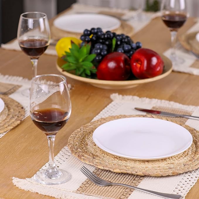 Handmade Boho Placemats Set of 4 - Natural Cotton Burlap and Water Straw Woven Combination Table Mats, Macrame Décor and Farmhouse Style Placemats, for Dining Table Kitchen