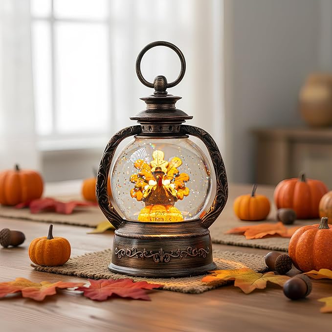 Fall Snow Globe Lantern -Thanksgiving Turkey with Pumpkin Spinning Water Lantern with Swirling Glitter Fall Decorations for Home, Autumn Harvest Fall Decor