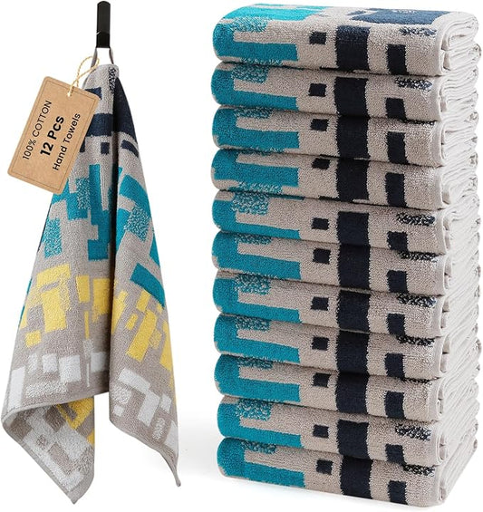 SEMAXE 12 Pack Hand Towels for Bathroom, 100% Cotton Towels with Hanging Loops, Soft & Highly Absorbent, Hand Towel Set for Gym, Shower, Hotel, Spa and Kitchen, Colorful - Checkered