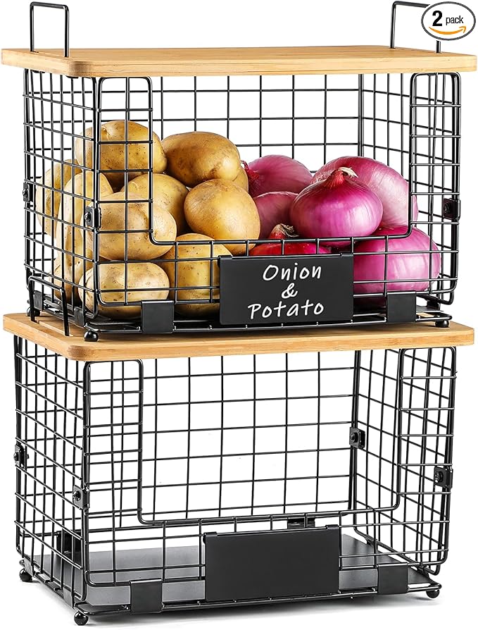 2 Set XL Stackable Wire Basket with Bamboo Tops & Tags- Pantry Organizer and Storage Bins, Kitchen Counter Cabinet Shelf Countertop Under Sink Organizing, Food Snack Produce Onion Potato Bread Storage
