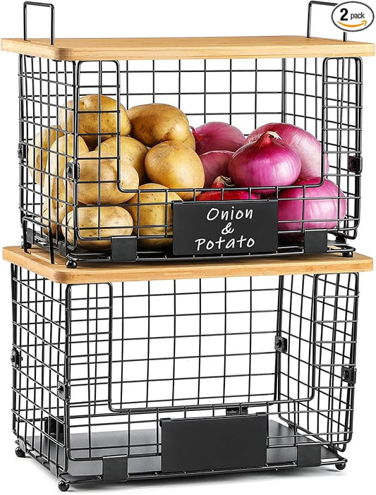 2 Set XL Stackable Wire Basket with Bamboo Tops & Tags- Pantry Organizer and Storage Bins, Kitchen Counter Cabinet Shelf Countertop Under Sink Organizing, Food Snack Produce Onion Potato Bread Storage