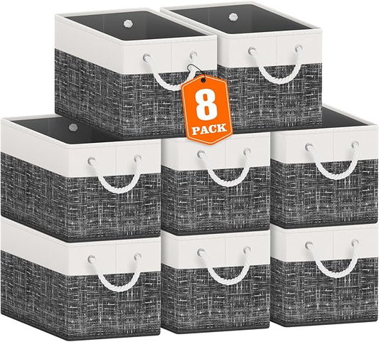 Fab totes Storage Bins [8-Pack], Foldable Storage Baskets for Organizing Toys, Books, Shelves, Closet, Large Storage Box with Rope Handles, Sturdy Organizer Bins, White & Black