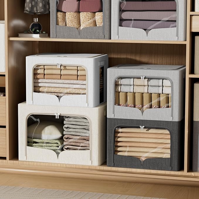 3 Pack Clothes Storage Bins Foldable Metal Frame Storage Box Stackable Linen Fabric Organizer Set with Carrying Handles and Clear Window (Beige, 15.7x11.8x11.8inch(36L))