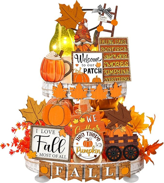 21 Pcs Fall Tiered Tray Decoration Set Thanksgiving Table Sign Pumpkins Farmhouse Decor Gnome Maple Leaves Centerpieces Harvest Wood Blocks Signs Fall Block Tabletop for Autumn(Gnome)