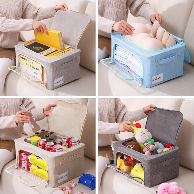 3Pack Foldable Storage Bins - Frame Storage Box Linen Fabric Stackable Clothes Container Organizer with Clear Window & Carry Handles Large Capacity (Small-22L, Dark Gray)