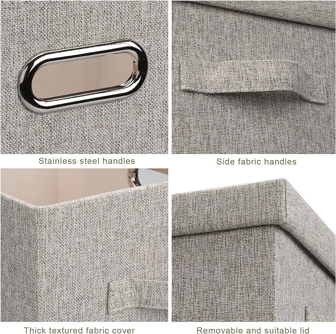 Medium 15" 21 Quart Collapsible Stackable Storage Bins with Lids, 5 Packs Beige Foldable Fabric Closet Boxes Heavy-duty Lidded Linen Cube Baskets Container Organizers and Storage