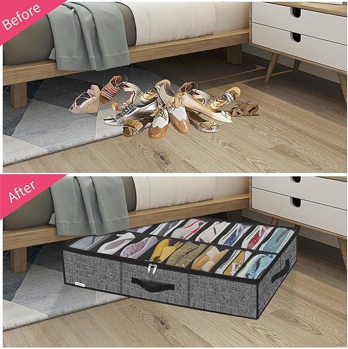Onlyeasy Sturdy Under Bed Shoe Storage Organizer Fit 8 to 16 Pairs, Collapsible Closet Underbed Shoes Container Bags with Reinforced Handles, 37.7x23.6x5.9in, Linen-like Black, MXAUBS16P1