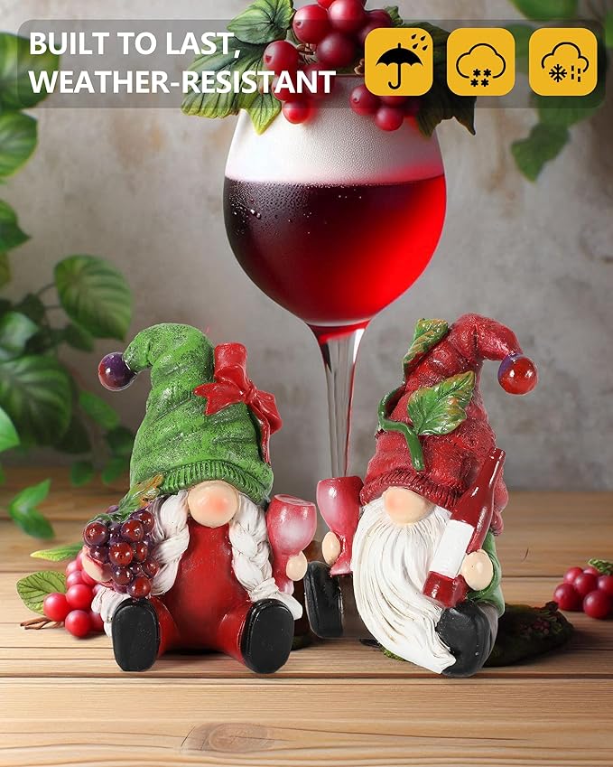 2-Pack Resin Fall Gnome Figurines with Red Wine & Grapes Theme, Whimsical Gnome Gifts Home Decor for Thanksgiving Table Decor Christmas Decorations Indoor Holiday Ornaments (Grape Gnomes)