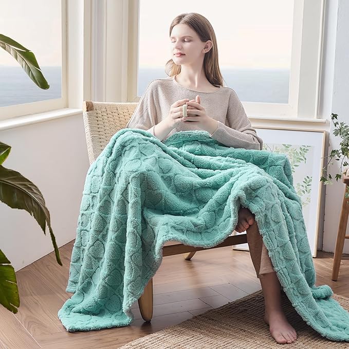 NEWCOSPLAY Super Soft Queen Blanket Sage Green Love Premium Silky Flannel Fleece 3D Heart Checkered Lightweight Bed Blanket All Season Use (Sage Green Love, Queen(90"x90"))