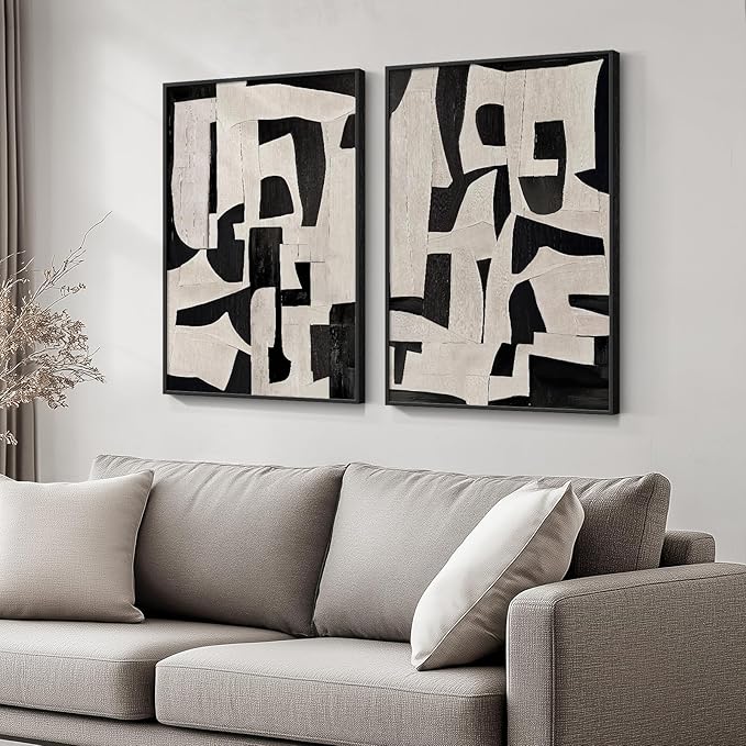 Large Framed Black and Beige Abstract Wall Art, Set of 2 Piece Minimalist Canvas Paintings Artwork for Walls, Modern Art Prints Pictures for Living Room Hallway Dining Room Bedroom Office Wall Decor