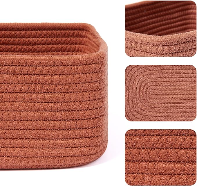 Small Storage Baskets for Organizing | Closet Organizer Bins | Shelf Toy Basket | Woven Rope Baskets | Cube Decorative Box | Shallow Basket | 11.5x7.5x4.7” | 4 Packs Oxide Red