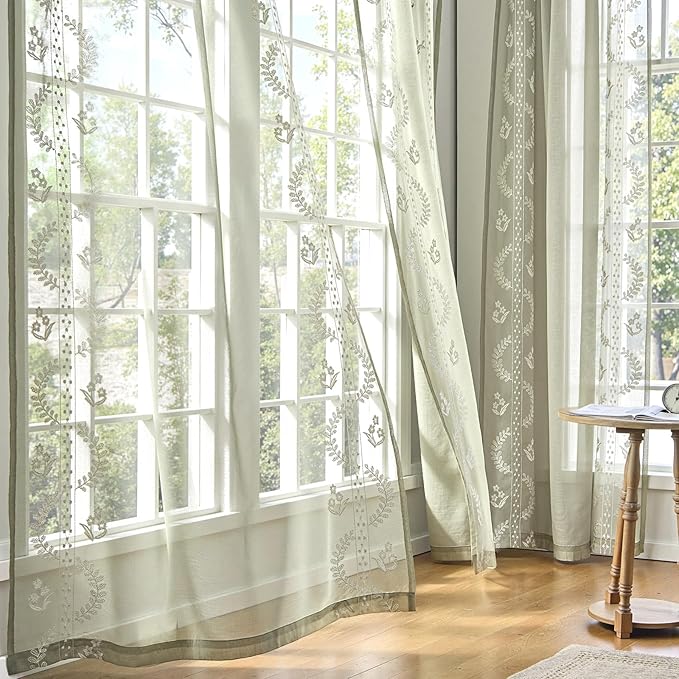 jinchan Belrose Sage Green Floral Sheer Curtains for Bedroom 63 Inch Long Voile Embroidered Farmhouse Curtains for Living Room Ivory Flower Patterned Rod Pocket Window Treatments, 2 Panels Green