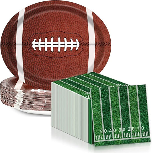 Football Oval Paper Plates Football Plates and Napkins Party Decorations Sport Rugby Theme Birthday Supplies 11inch Touch Down Dish Tray Dinnerware for Party Game Celebration, 25 Guest
