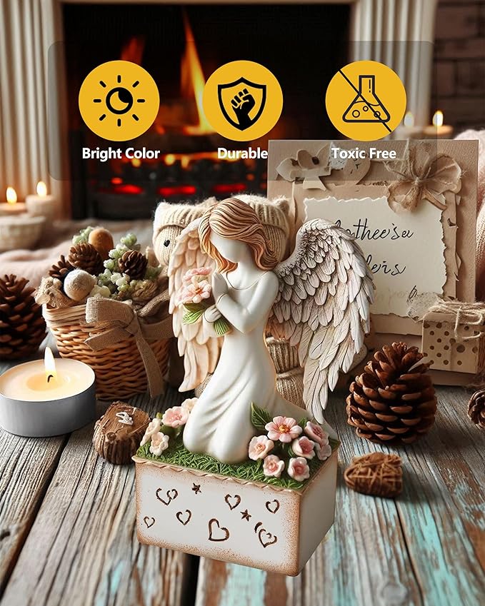 Angelic Embrace - Resin Angel Figurine with Bouquet and Heart Accents Decorative Base - A Gift to Express Unwavering Love, Remembrance, Sympathy, Comfort Healing for Women Girls (Angel)