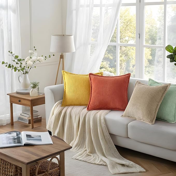 Mecatny Corduroy Throw Pillow Covers 18x18 Set of 2, Neutral Decorative Soft Boho Couch Pillow Covers with Broadside for Sofa Living Room, Mustard Yellow