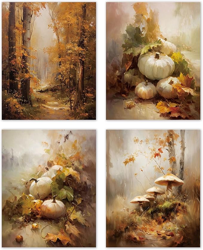TLESKE Fall Vintage Forest Landscape Posters Prints Unframed 8x10 Set of 4, Autumn Pumpkins Mushroom Wall Art Prints Decor for Farmhouse Bedroom Living Room, Cottagecore Rustic Wall Pictures