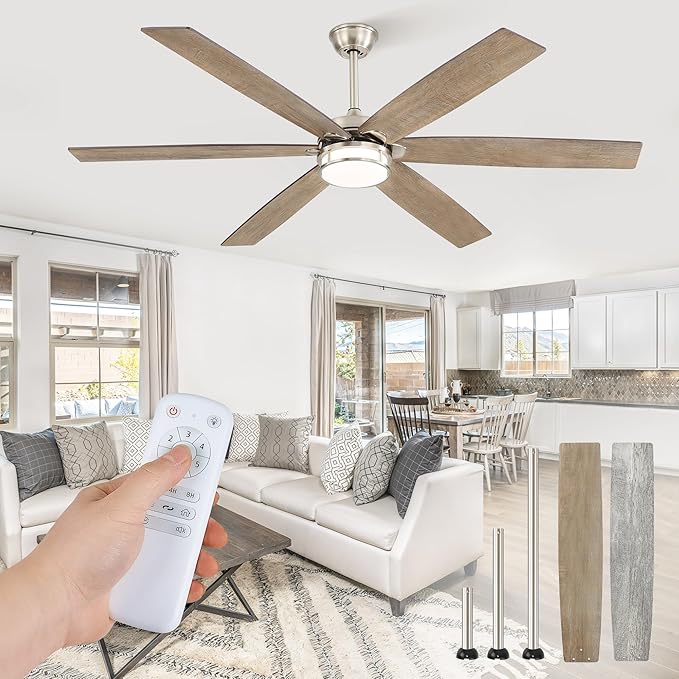 65 Inch Ceiling Fans with Lights, Farmhouse Large Ceiling Fans with Remote, Brown&Grey Modern Ceiling Fan with LED Light, Quiet DC Motor for Living Room, Bedroom, Kitchen, Indoor