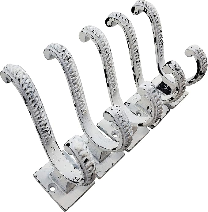 Claimed Corner Iron Scroll Coat Hooks - Wall Mounted Rustic Farmhouse Cast Iron DIY Coat Towel Hat Scarf Bag Hook - 5 Pack (Antique White)