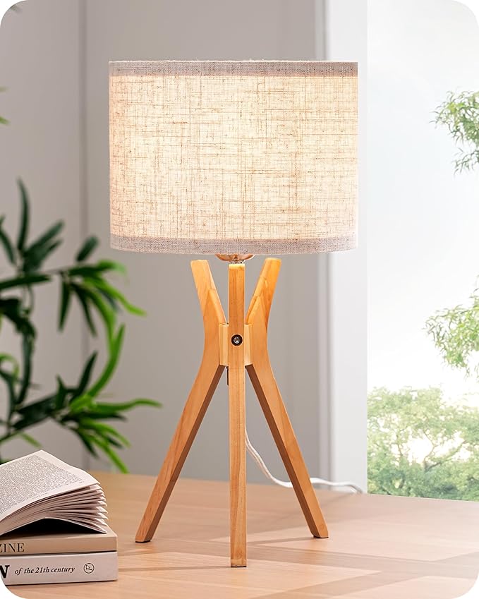EDISHINE Tripod Table Lamp, 17.5" Modern Bedside Lamp with Natural Wood-Colored Lamp Legs & Beige Linen Lampshade, Boho Nightstand Lamp for Bedroom, Living Room, Reading Room, E26 Base