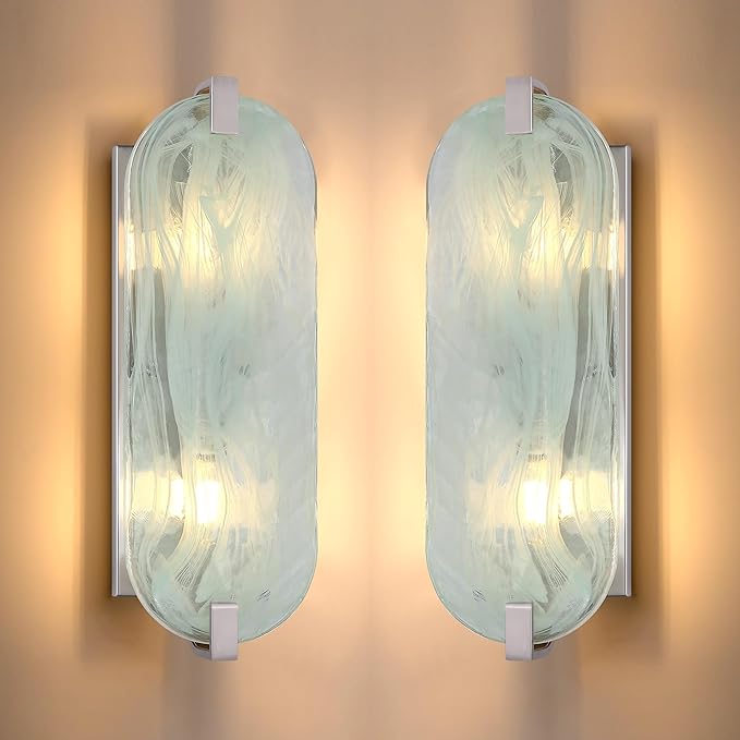 2 Light Oval Green Glass Bathroom Wall Sconce Modern Concise Style Wall Light Fixture,Brushed Nickel Finish for Bedroom Hallway Bedside