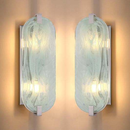 2 Light Oval Green Glass Bathroom Wall Sconce Modern Concise Style Wall Light Fixture,Brushed Nickel Finish for Bedroom Hallway Bedside