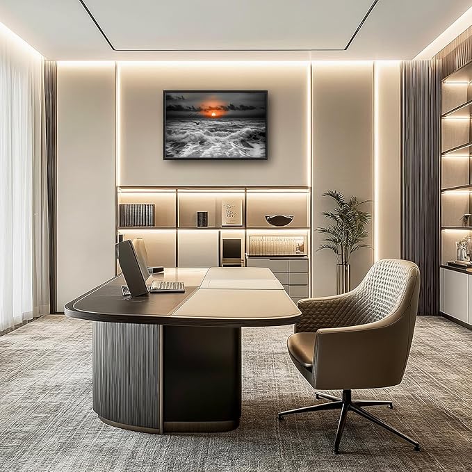 Flintis Large Ocean Sunset Framed Wall Art Beach Seagull Pictures Wall Decor Abstract Natural Landscape Canvas Painting Print Artworks Framed for Living Room Bathroom Master Bedroom 36L X 24W