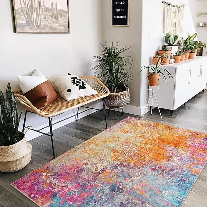 Lahome Modern Abstract Area Rug - 4x6 Colorful Living Room Rug Soft Bedroom Rug Washable Entryway Mat, Rainbow Non Slip Indoor Floor Throw Carpet for Basement Apartment Playroom Office