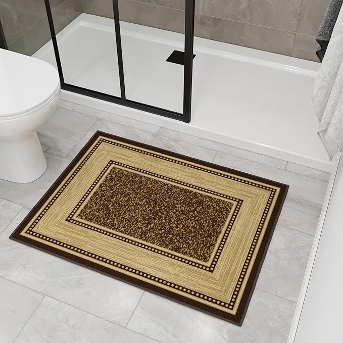 Ottomanson Rugs for Entryway 2'3" x 3' Non Slip Border Small Area Rugs Durable Front Door Mat Rug Stain Resistant Entrance Rugs for Bathroom Kitchen Bedroom & Living Room, Brown