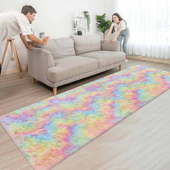 Fluffy Rainbow Rug for Girls Bedroom 3x10 Feet Kawaii Tie Dye Area Rug Colorful Unicorn Runner Rug for Kids Teens Nursery Baby Princess Room Lining Room Home Decor Carpets