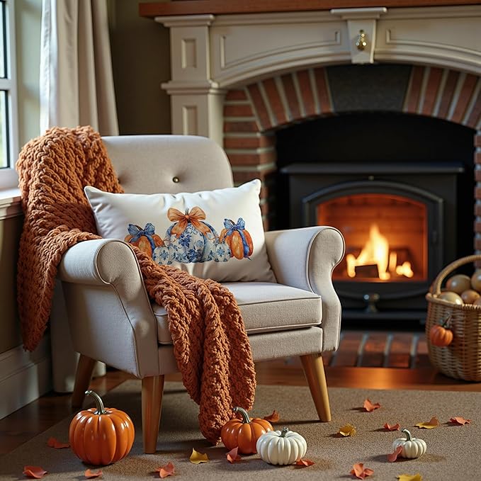 Chinoiserie Fall Pumpkin Pillow Covers 20x12,Autumn Decor,Blue and White Orange Chinoiserie Pumpkin Decorative Throw Pillow Covers for Home Bedroom Living Room