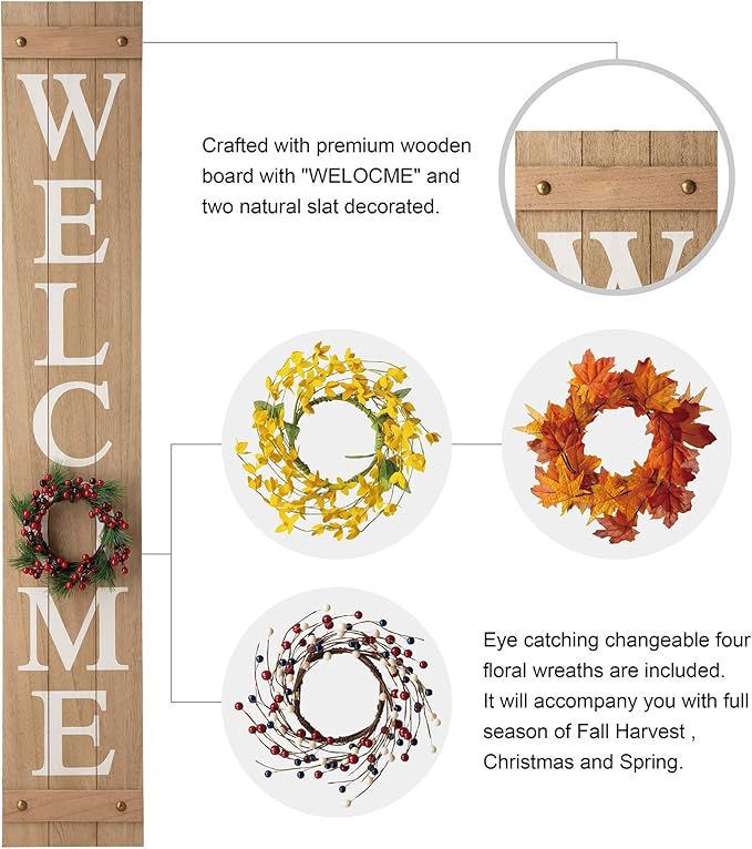 Glitzhome Welcome Sign with 4 Interchangeable Floral Wreaths for Front Door Porch, Farmhouse Wooden Hanging Wall Sign for Seasons Spring Fall Harvest Thanksgiving Christmas, 60”H, Natural