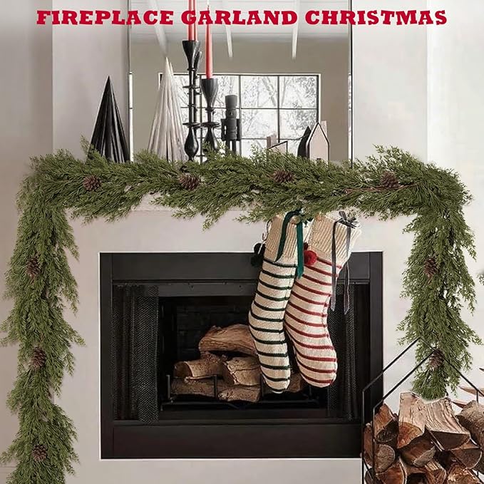 6FT Christmas Garland with Pinecones, Artificial Faux Pine Garland Green Garlands, Soft Bendable Cedar Garland for Table Mantel Wall Stairs Railing, Indoor Outdoor Xmas Decorations, Holiday Decor